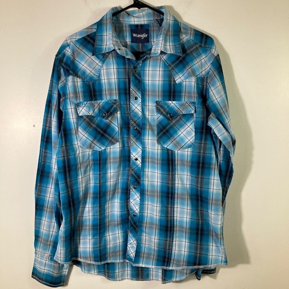 Mens Wrangler Western‎ Pearl Snap Long Sleeve Shirt Plaid Green White L